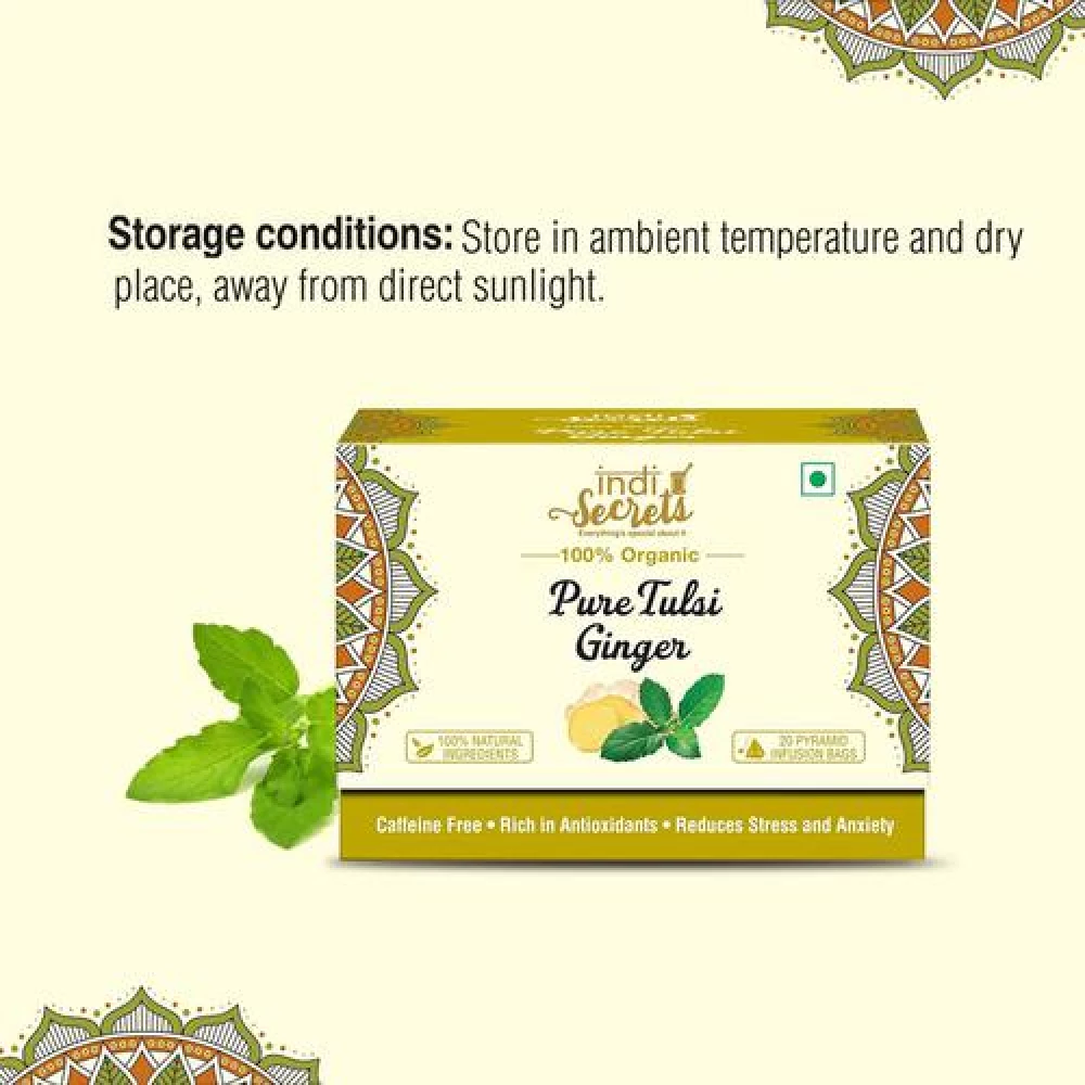 IndiSecrets Organic Tea - Tulsi & Ginger, 36 g (20 Bags x 1.8 g each)-6.webp